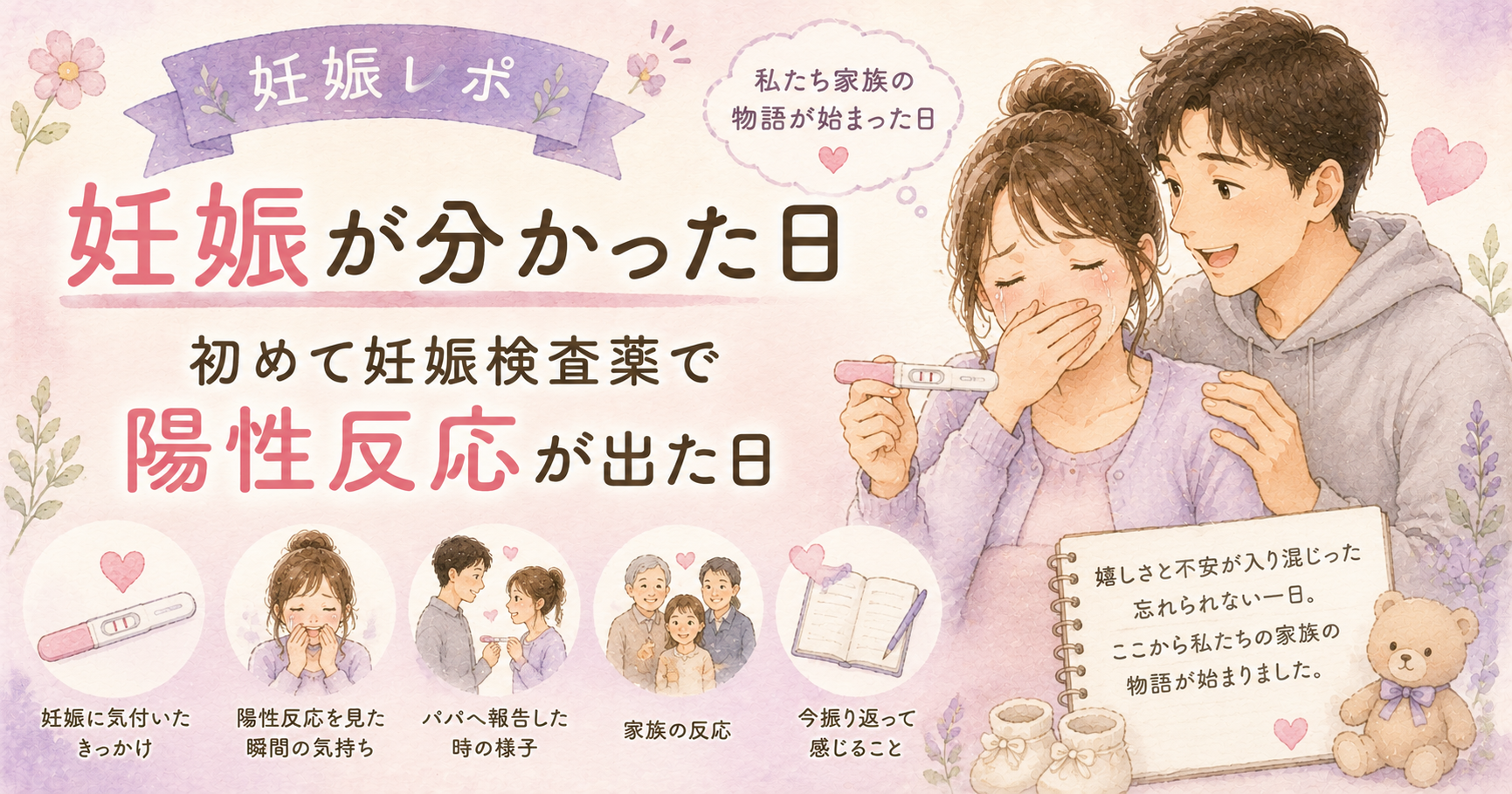妊娠検査薬で初めて陽性反応を確認し、妊娠が分かった日の体験談を紹介するアイキャッチ画像