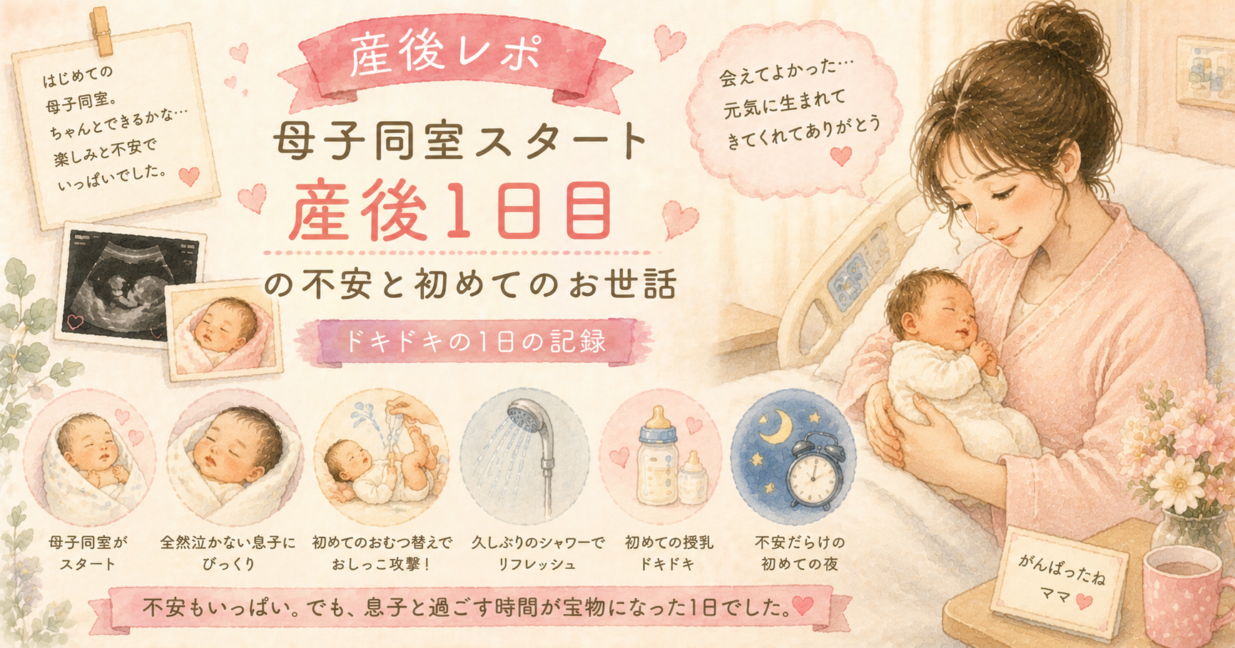 母子同室が始まった産後1日目の母親と新生児を描いた水彩風アイキャッチイラスト